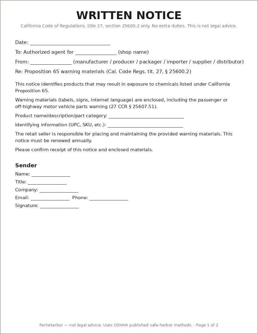 Preview of 25600.2 manufacturer to retailer written notice PDF